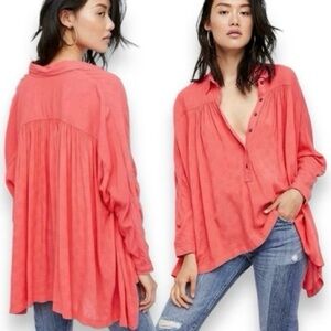 FREE PEOPLE Lovely Day Coral Long Sleeve Boho Flowy Comfy oversized Tunic Top